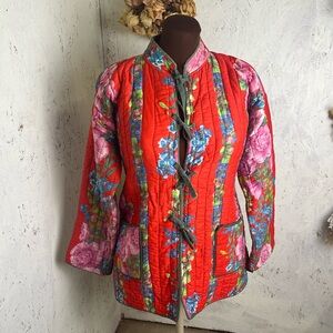 Vintage/ Y2K Floral Cottagecore Quilted Red Tunic Tie Front Jacket